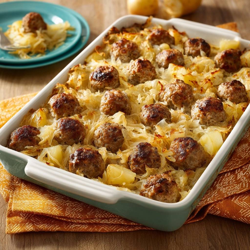 Frikadellen-Sauerkraut-Kartoffel-Auflauf als Nahaufnahme im Backblech, frisch aus dem Ofen