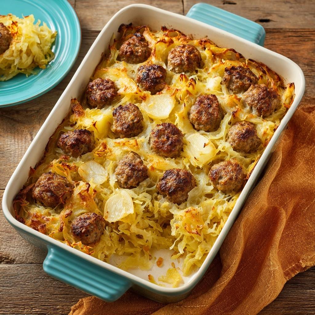Frikadellen-Sauerkraut-Kartoffel-Auflauf im Backblech mit saftigen Hackbällchen und Kartoffelscheiben, nahaufnahme