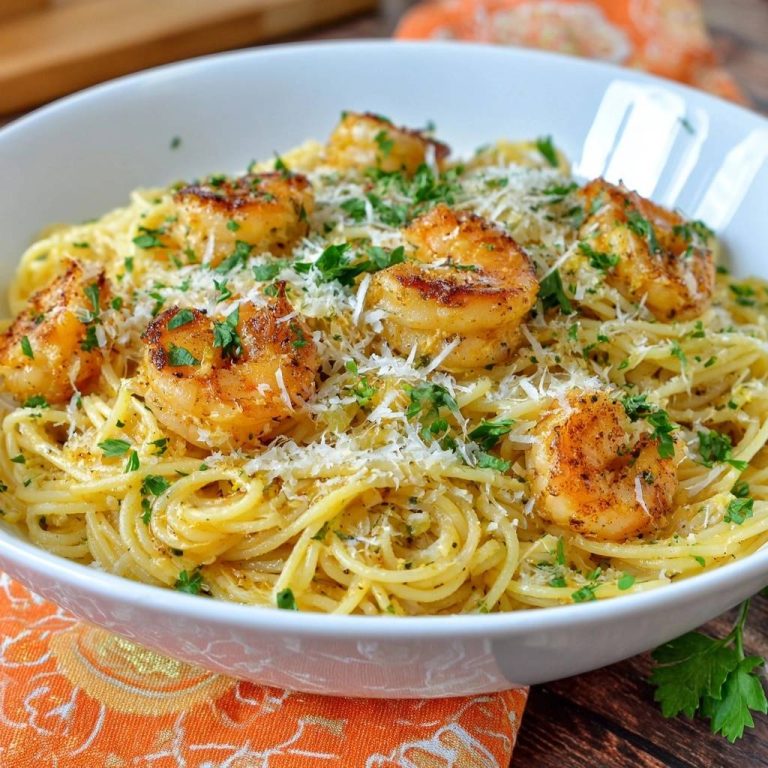 Knusprige Garnelen-Spaghetti mit Parmesan, eine Nahaufnahme mit frisch gehackter Petersilie und geriebenem Käse.