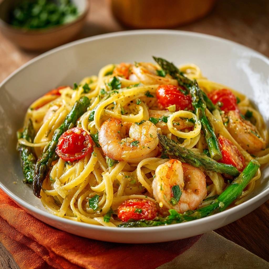 Garnelen-Spargel-Pasta auf einem Teller in Nahaufnahme mit Garnelen, Spargel und Kirschtomaten, serviert auf Linguine.