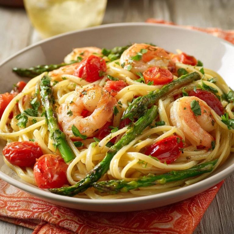 Garnelen-Spargel-Pasta auf einem Teller serviert, mit saftigen Garnelen, grünem Spargel und Kirschtomaten, nahaufnahme.