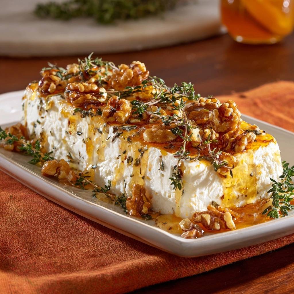 Gebackener Honig-Feta mit Walnüssen und Thymian, appetitlich mit Honig und Nüssen garniert auf einem Teller serviert.
