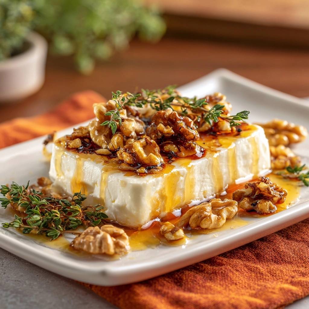 Gebackener Honig-Feta mit Walnüssen und Thymian, serviert auf einem Teller und mit Honig beträufelt.