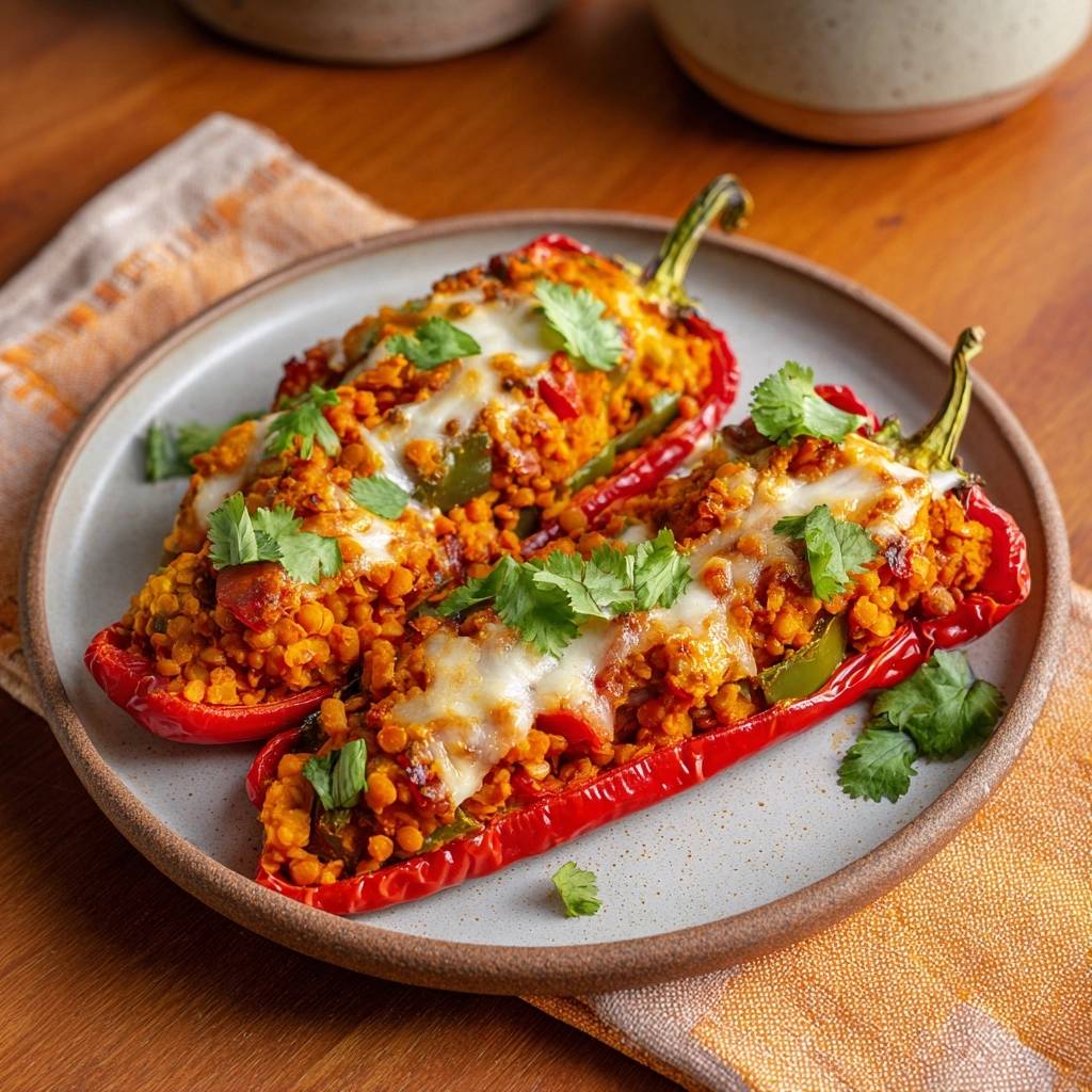 Gefüllte Paprika mit Bulgur und Käse, nahaufnahme mit frischer Petersilie garniert auf einem Teller