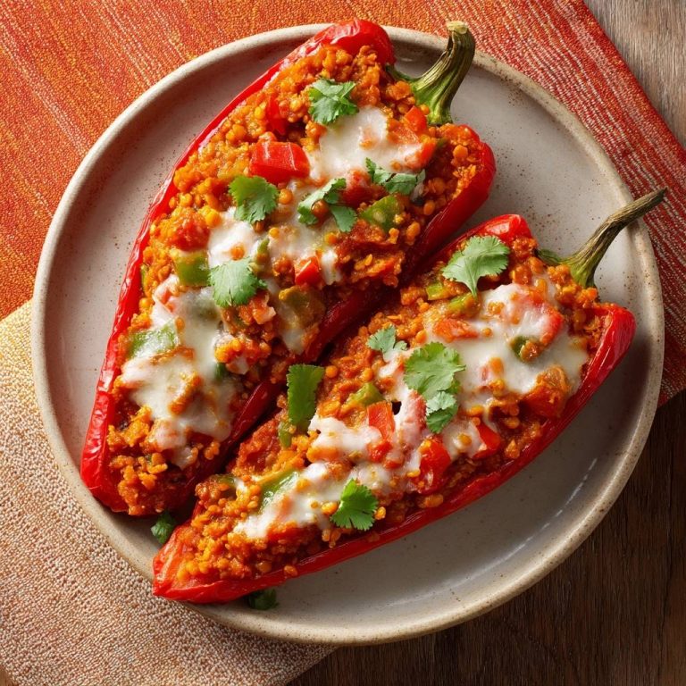 Gefüllte Paprika mit Bulgur und Käse, auf einem Teller serviert und mit frischer Petersilie garniert.