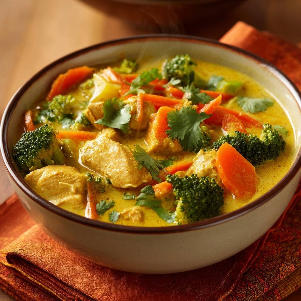 Cremiger gelber Hähnchen-Curry mit Brokkoli und Karotten, nahaufnahme der dampfenden Mahlzeit in einer Schüssel.