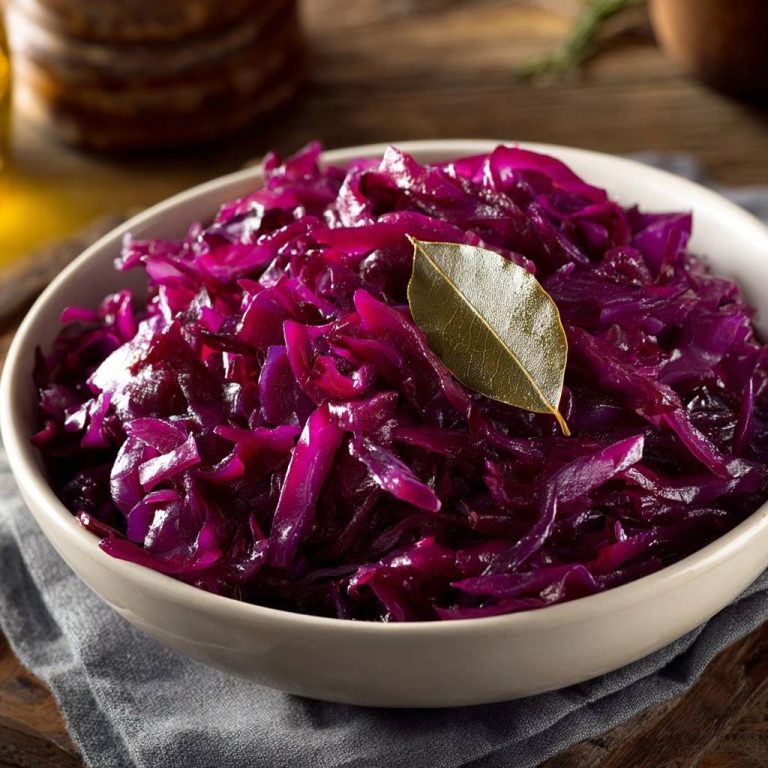 Geschmorter Rotkohl in einer Schüssel, garniert mit einem Lorbeerblatt, Nahaufnahme
