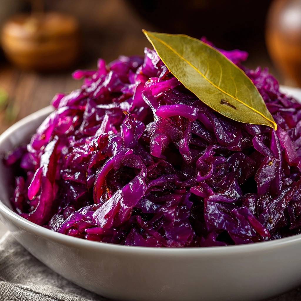 Geschmorter Rotkohl, eine Nahaufnahme des gekochten Gerichts mit einem Lorbeerblatt obendrauf in einer weißen Schüssel.