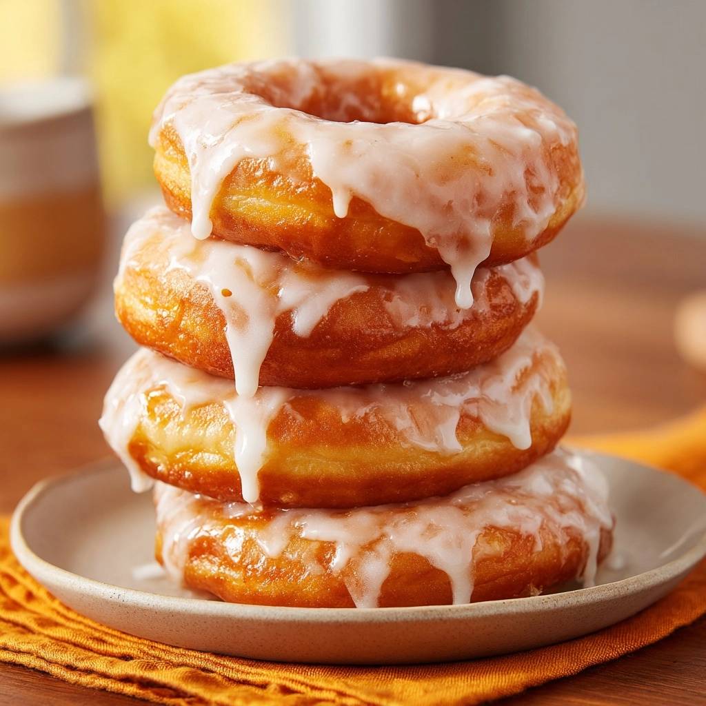 Perfekte Glazed Donuts gestapelt auf einem Teller mit süßer Glasur, die herabtropft