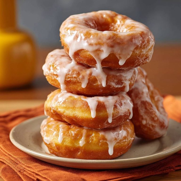 Perfekte Glazed Donuts, ein Stapel fluffiger Donuts mit glänzender Glasur, serviert auf einem Teller.