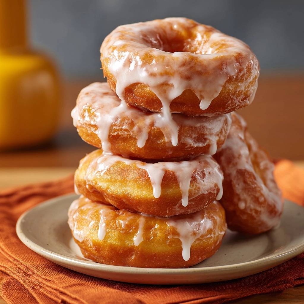 Perfekte Glazed Donuts, ein Stapel fluffiger Donuts mit glänzender Glasur, serviert auf einem Teller.
