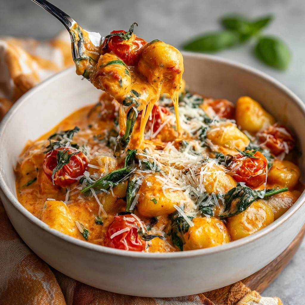 Gnocchi mit Tomaten-Spinat-Soße, wie sie von einer Gabel mit geschmolzenem Käse hochgehoben werden.