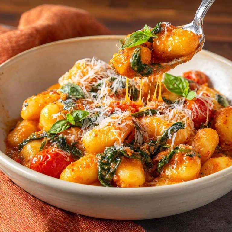 Gnocchi mit Tomaten-Spinat-Soße, eine Nahaufnahme, bei der geschmolzener Käse von einer Gabel tropft.