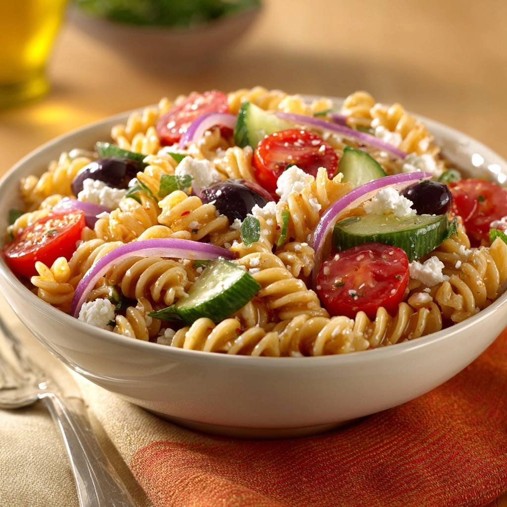 Griechischer Fusilli-Salat nah aufgenommen mit Tomaten, Gurken, roten Zwiebeln, schwarzen Oliven und Feta-Käse.