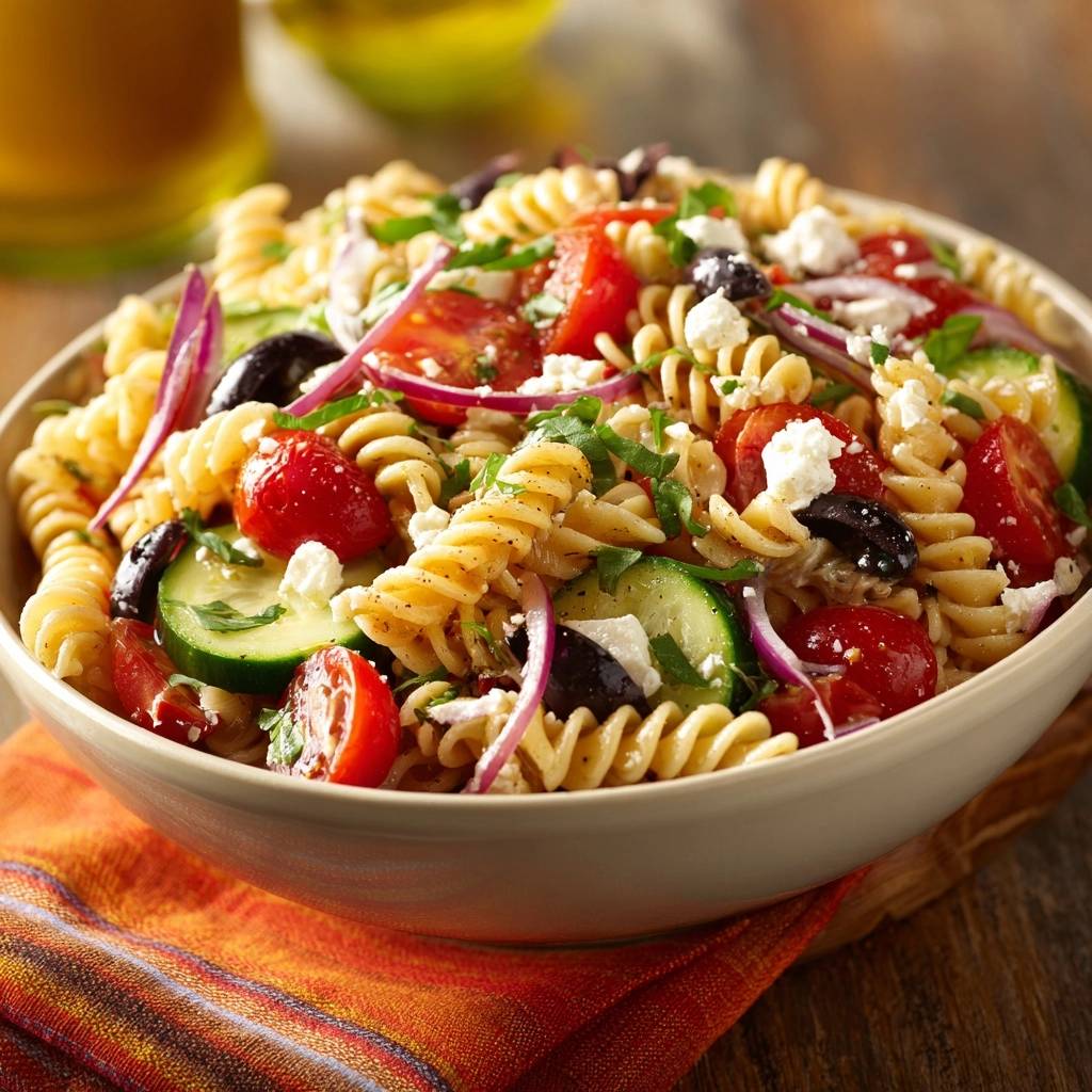 Griechischer Fusilli-Salat mit Tomaten, Gurken und Feta in einer Nahaufnahme in einer Schüssel.