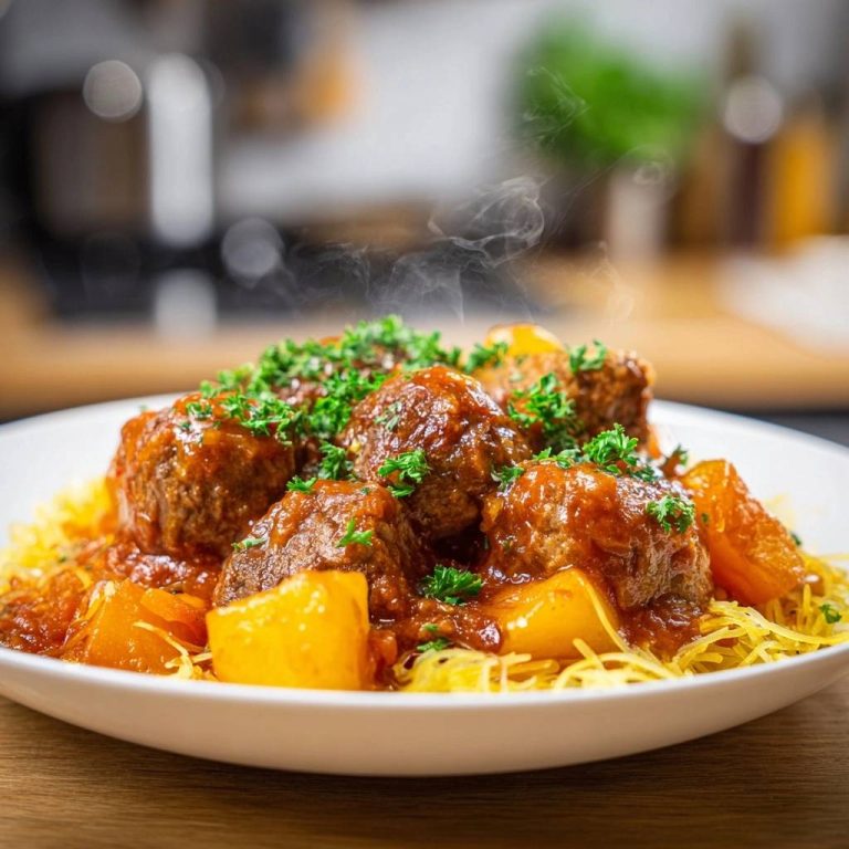 Saftige Hackbällchen in Tomaten-Kürbis-Soße mit dampfenden Spaghetti-Kürbis und frischer Petersilie garniert.