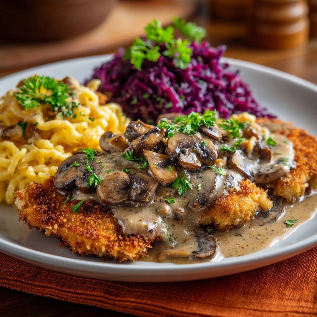 Knuspriges Hähnchenschnitzel mit Pilzrahmsauce, Spätzle und Rotkohl, serviert auf einem Teller mit frischer Petersilie garniert.