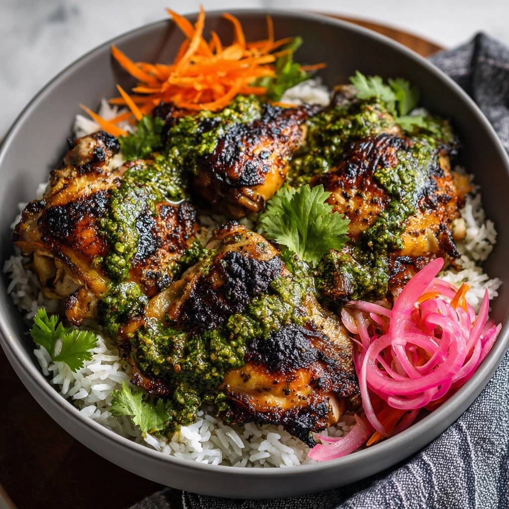 Saftiges Hähnchen Chimichurri-Bowl Rezept mit Reis, frischen Kräutern, marinierten Zwiebeln und Karottenstreifen, detailreich garniert.