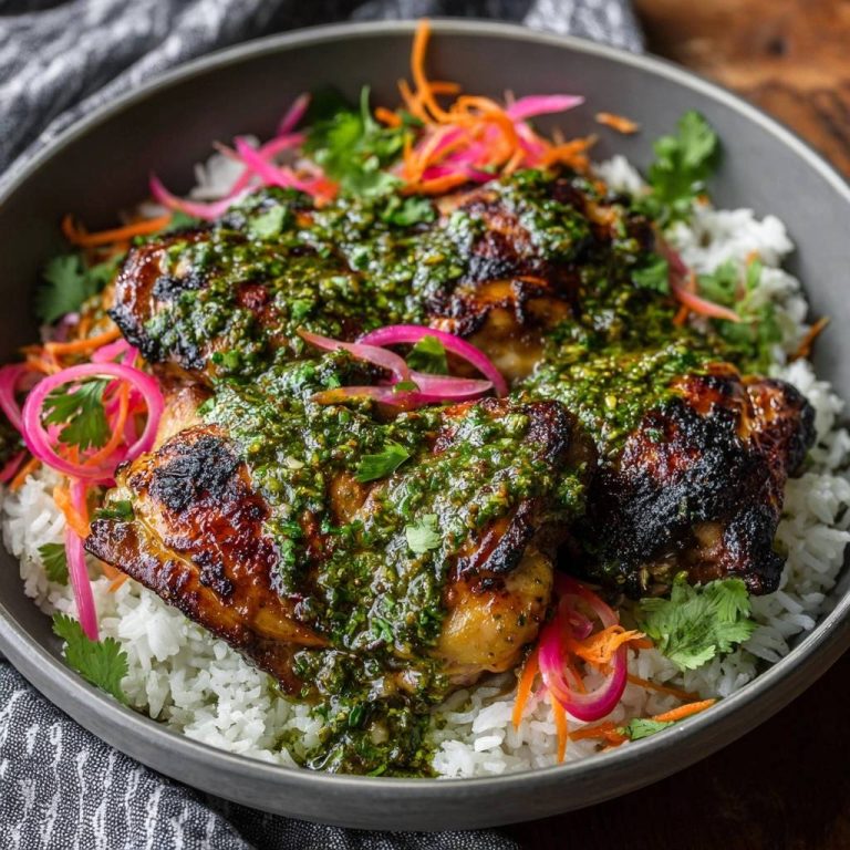 Saftiges Hähnchen Chimichurri-Bowl Rezept mit Hähnchenschenkeln, Reis und einer üppigen grünen Chimichurri-Sauce.