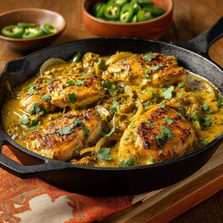 Saftiges Hähnchen-Gelbcurry in einer Gusseisenpfanne, garniert mit frischer Petersilie und serviert mit Jalapeños.