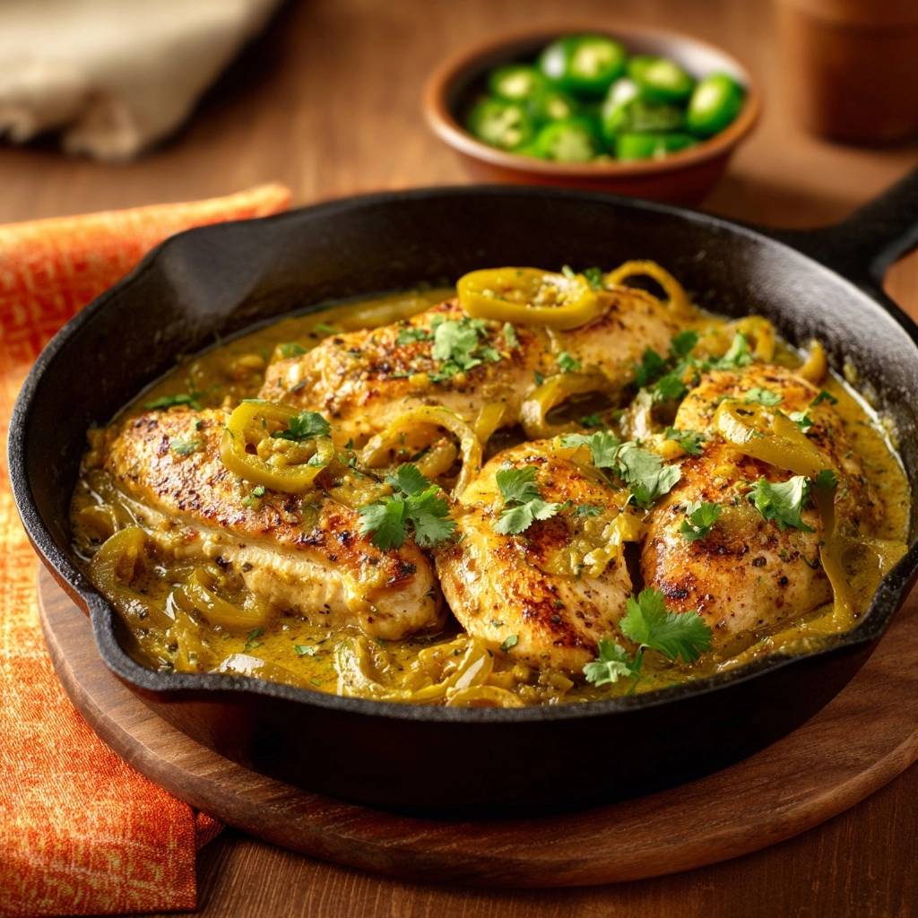 Saftiges Hähnchen-Gelbcurry in der Pfanne, garniert mit frischen Kräutern und Jalapeños.