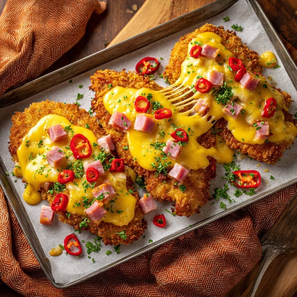 Knuspriges Hähnchenschnitzel mit Pute-Käse-Chili, überbacken mit geschmolzenem Käse und garniert mit Chili und Petersilie.