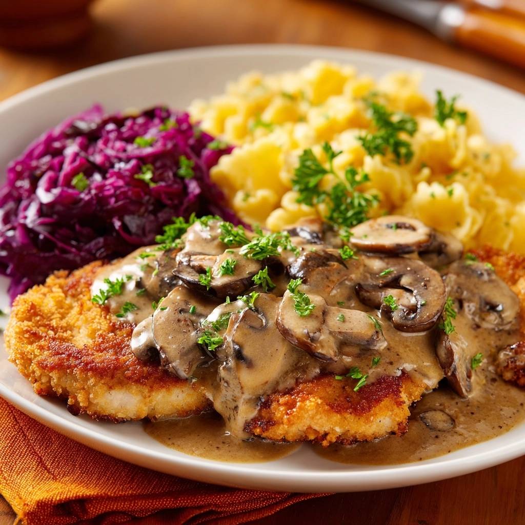Knuspriges Hähnchenschnitzel mit Pilzrahmsauce, Spätzle und Rotkohl, auf einem Teller serviert mit frischer Petersilie garniert.