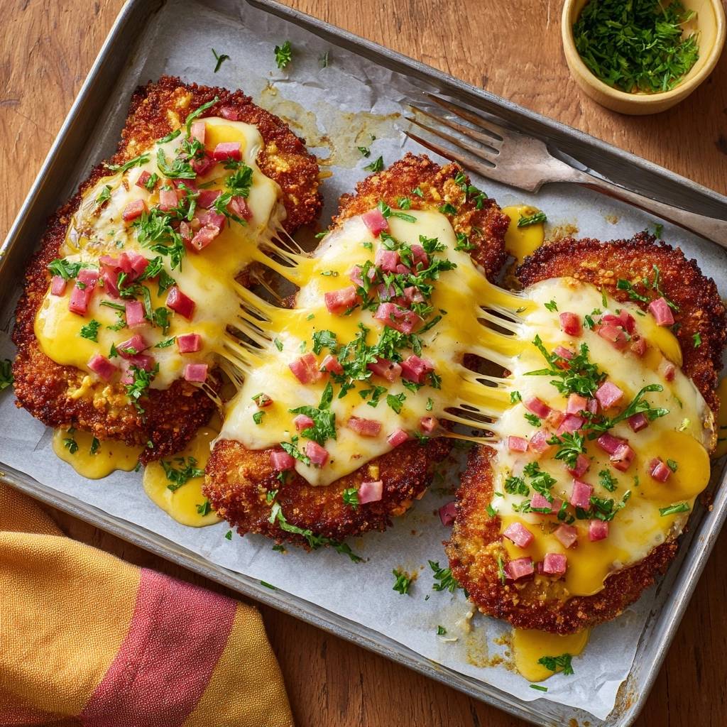 Knuspriges Hähnchenschnitzel mit Pute-Käse-Chili, das mit geschmolzenem Käse und gehackter Petersilie garniert ist.