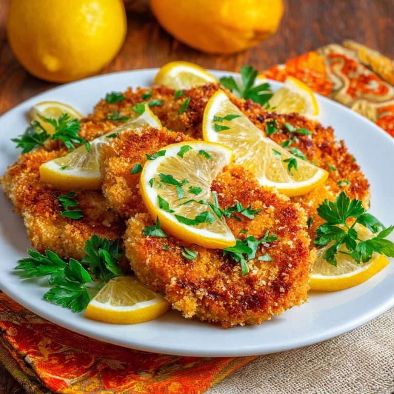 Knuspriges Hähnchenschnitzel mit Zitrone und Petersilie garniert auf einem weißen Teller, Nahaufnahme.