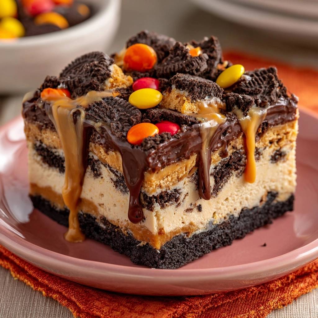 Herbstliche Oreo-Erdnussbutter-Cheesecake-Bars als angeschnittener Bar auf einem Teller, mit Karamell und Schokolade übergossen.