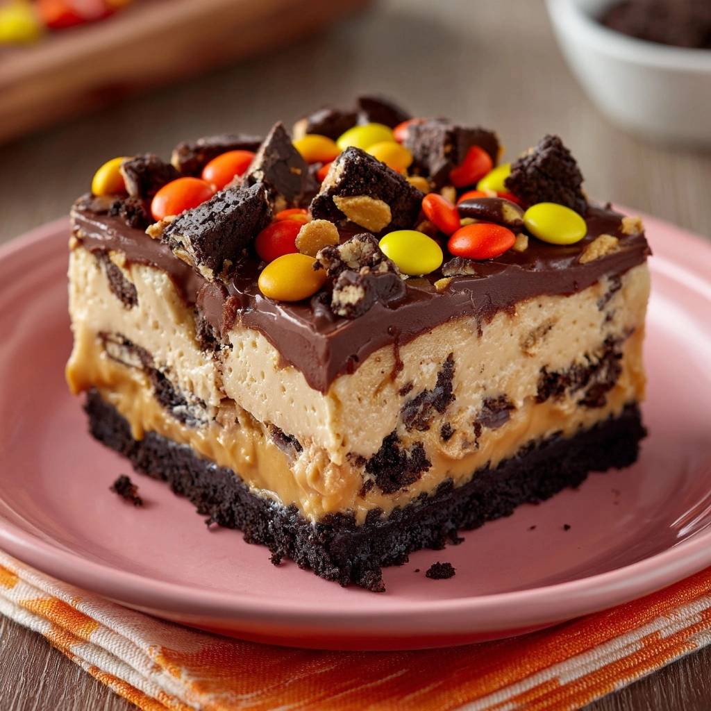 Herbstliche Oreo-Erdnussbutter-Cheesecake-Bars, ein einzelnes Stück mit Nahaufnahme des saftigen Innenlebens und der Krümel-Schichten.