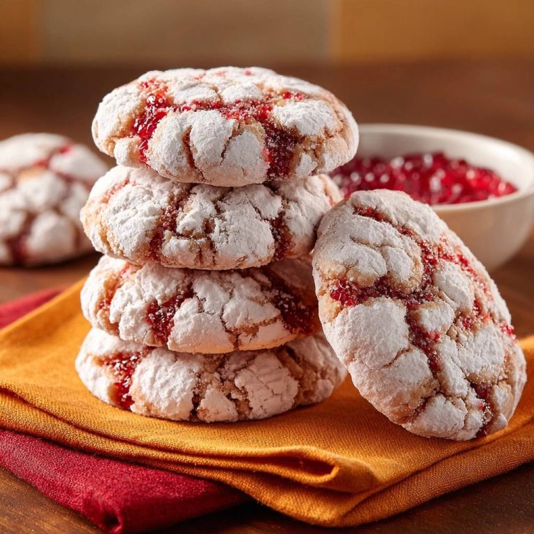 Himbeer-Crinkle-Cookies, gestapelt auf einem orangen Tuch, mit roten Himbeermarmeladen-Wirbeln und Puderzucker.