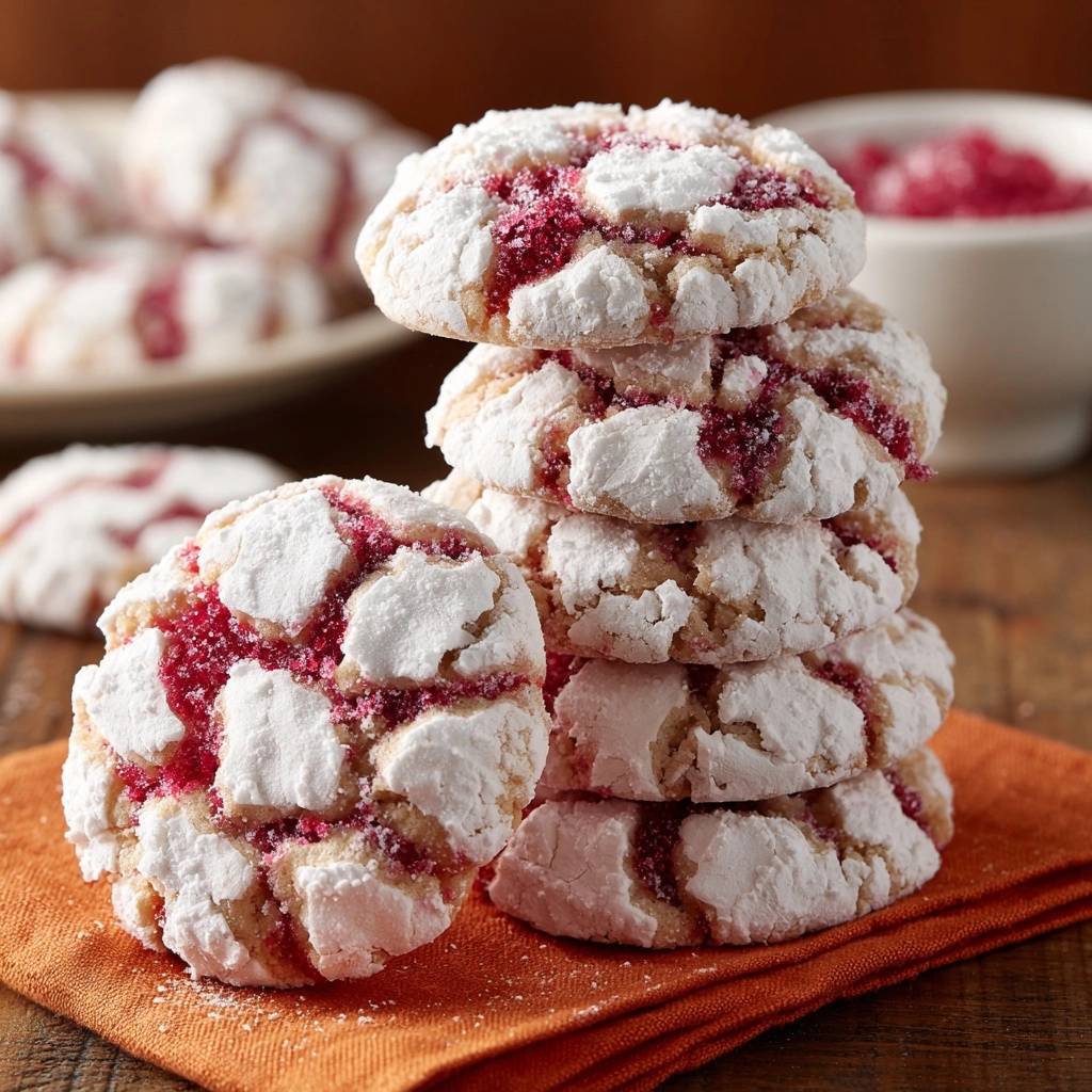 Himbeer-Crinkle-Cookies, ein Stapel von zuckrigen Keksen mit Himbeerfüllung, detailreiche Nahaufnahme