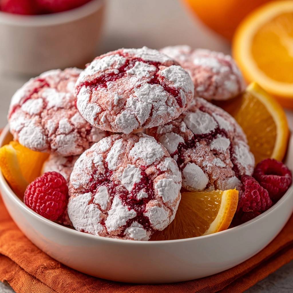 Himbeer-Orangen Crinkle Cookies nah aufgenommen in einer Schüssel mit frischen Himbeeren und Orangenscheiben garniert.