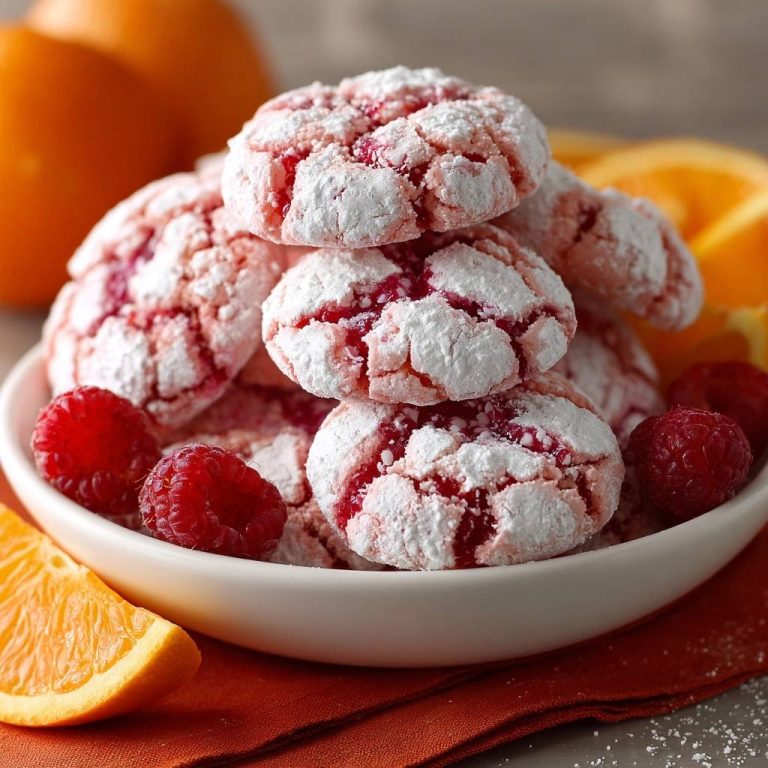 Himbeer-Orangen Crinkle Cookies mit Puderzucker und frischen Himbeeren in einer weißen Schale, Nahaufnahme