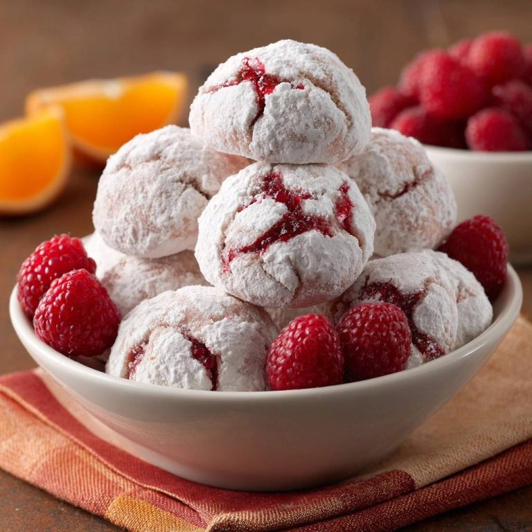 Himbeer-Puderzucker-Kekse in einer Schale mit frischen Himbeeren und Orangenscheiben im Hintergrund, nahaufnahme