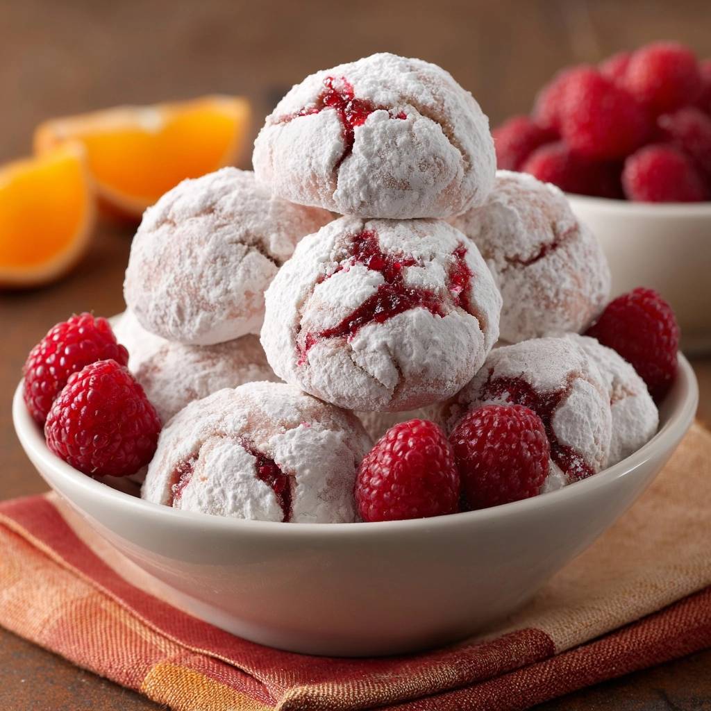 Himbeer-Puderzucker-Kekse in einer Schale mit frischen Himbeeren und Orangenscheiben im Hintergrund, nahaufnahme
