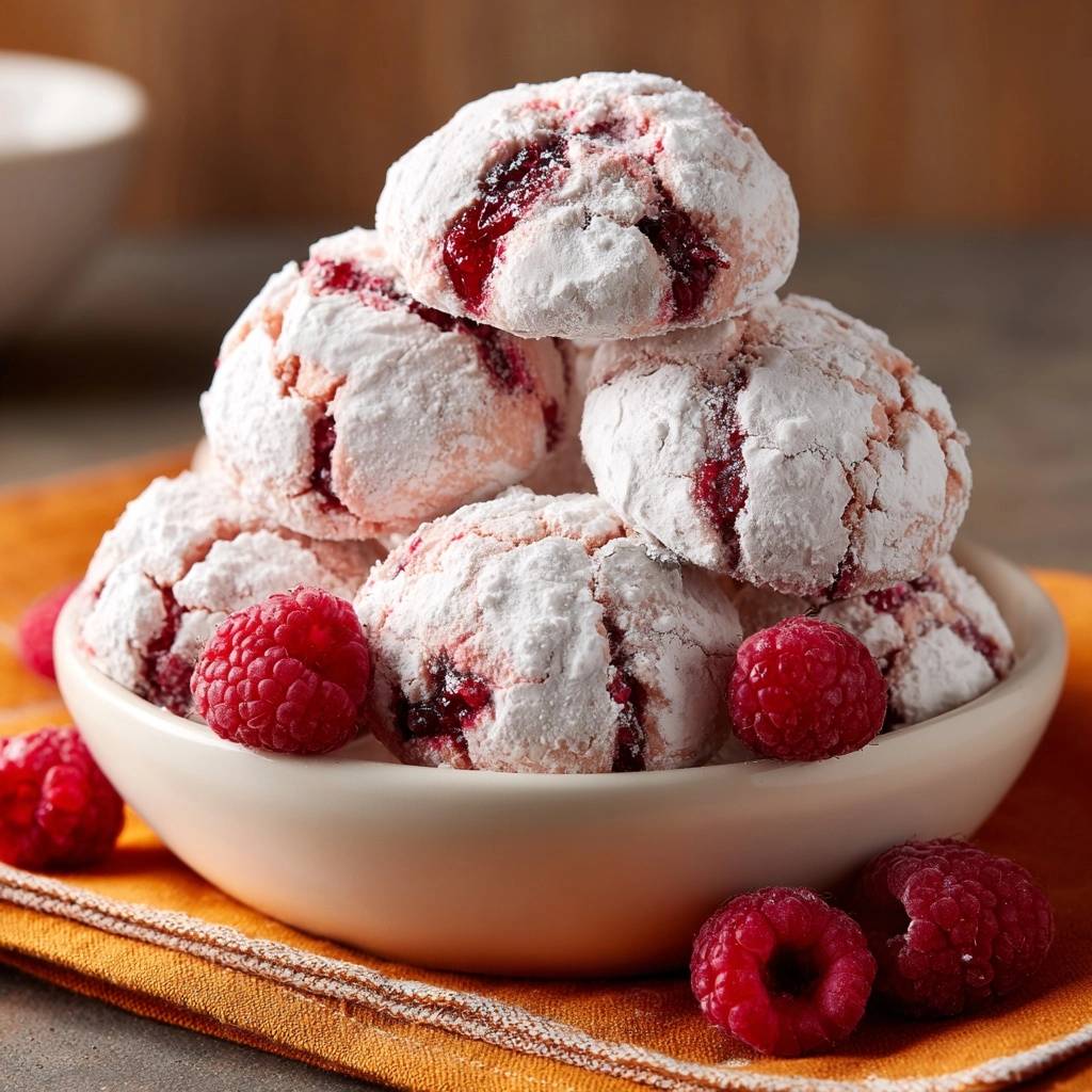 Himbeer-Puderzucker-Kekse in einer Schüssel mit frischen Himbeeren, die Marmelade ist nicht ausgelaufen.