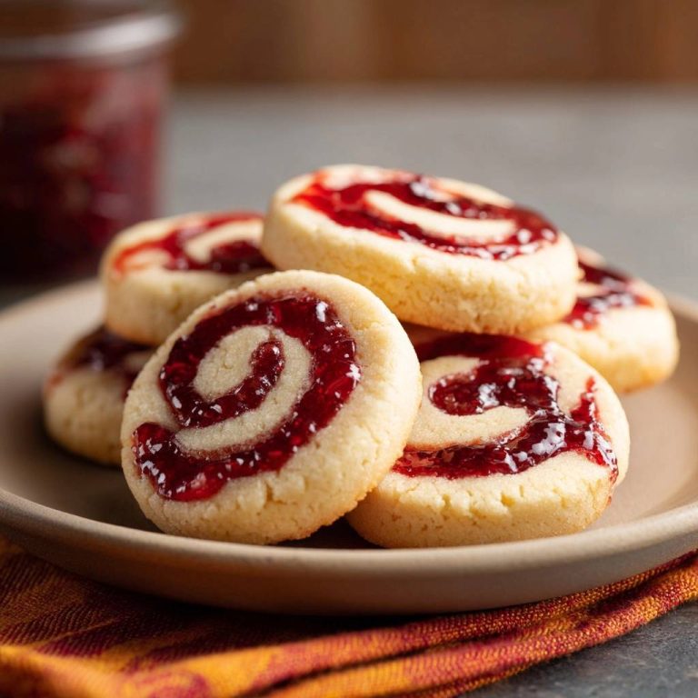 Himbeer-Spiral-Kekse auf einem Teller mit Marmelade in Spiralform, Nahaufnahme des köstlichen Gebäcks.