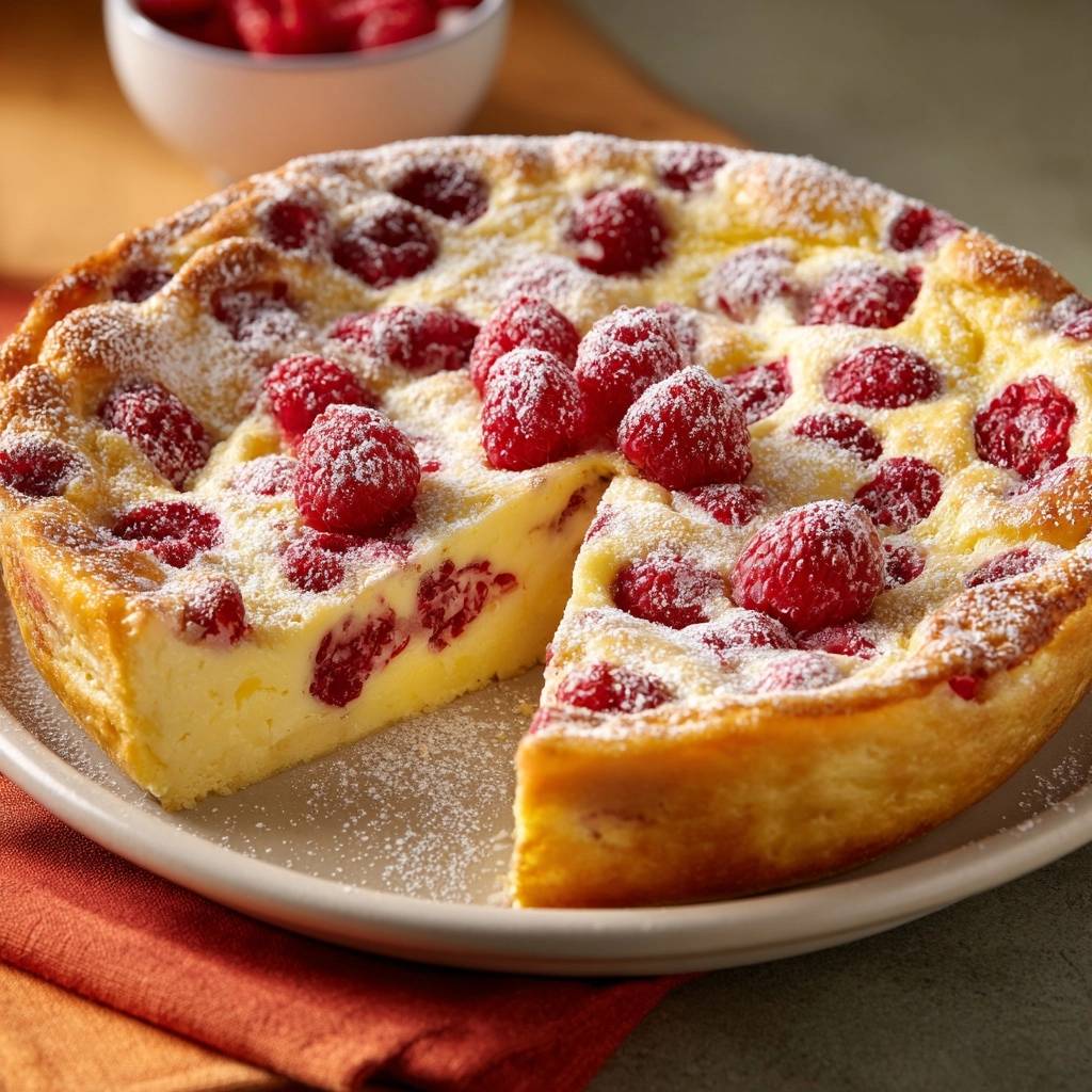 Himbeerkuchen angeschnitten mit Puderzucker bestäubt, zeigt die saftigen Himbeeren im Inneren des Kuchens.