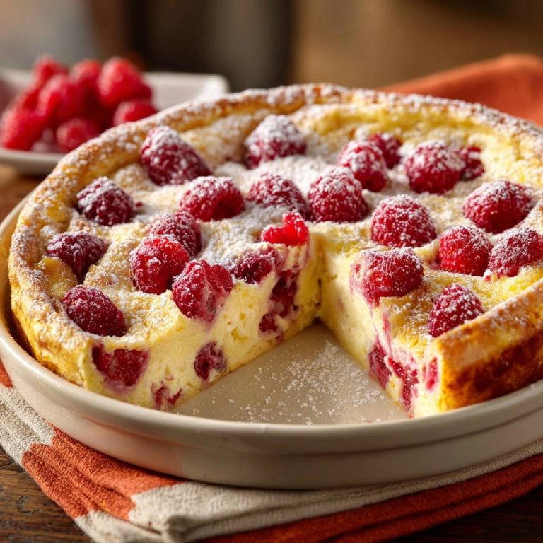 Himbeerkuchen angeschnitten mit Puderzucker und frischen Himbeeren, zeigt die saftige Innenseite des Kuchens.
