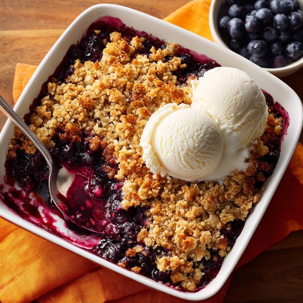 Himmlischer Blaubeer-Crumble mit Vanilleeis, hier als Nahaufnahme mit einem Löffel im fruchtigen Blaubeerbelag.