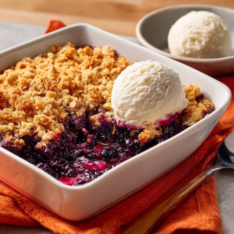 Himmlischer Blaubeer-Crumble mit Vanilleeis, eine Nahaufnahme des warmen Desserts mit einer Kugel Vanilleeis darauf.