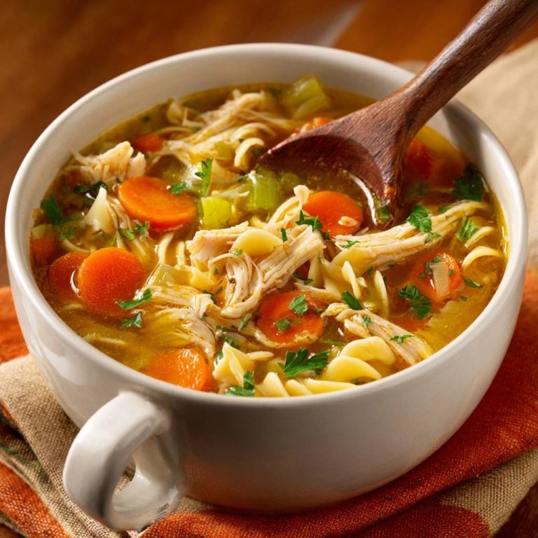 Hühnernudelsuppe mit Karotten und Nudeln, serviert in einer weißen Schüssel mit einem hölzernen Löffel, Nahaufnahme.
