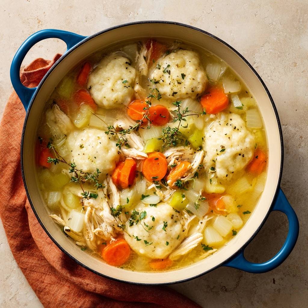Hühnersuppe mit fluffigen Kräuterklößen als Draufsicht in einem blauen Topf, garniert mit frischen Kräutern.