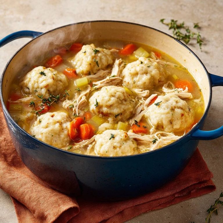 Hühnersuppe mit fluffigen Kräuterklößen, heiß und dampfend in einem blauen Topf serviert, mit Karotten und Sellerie.