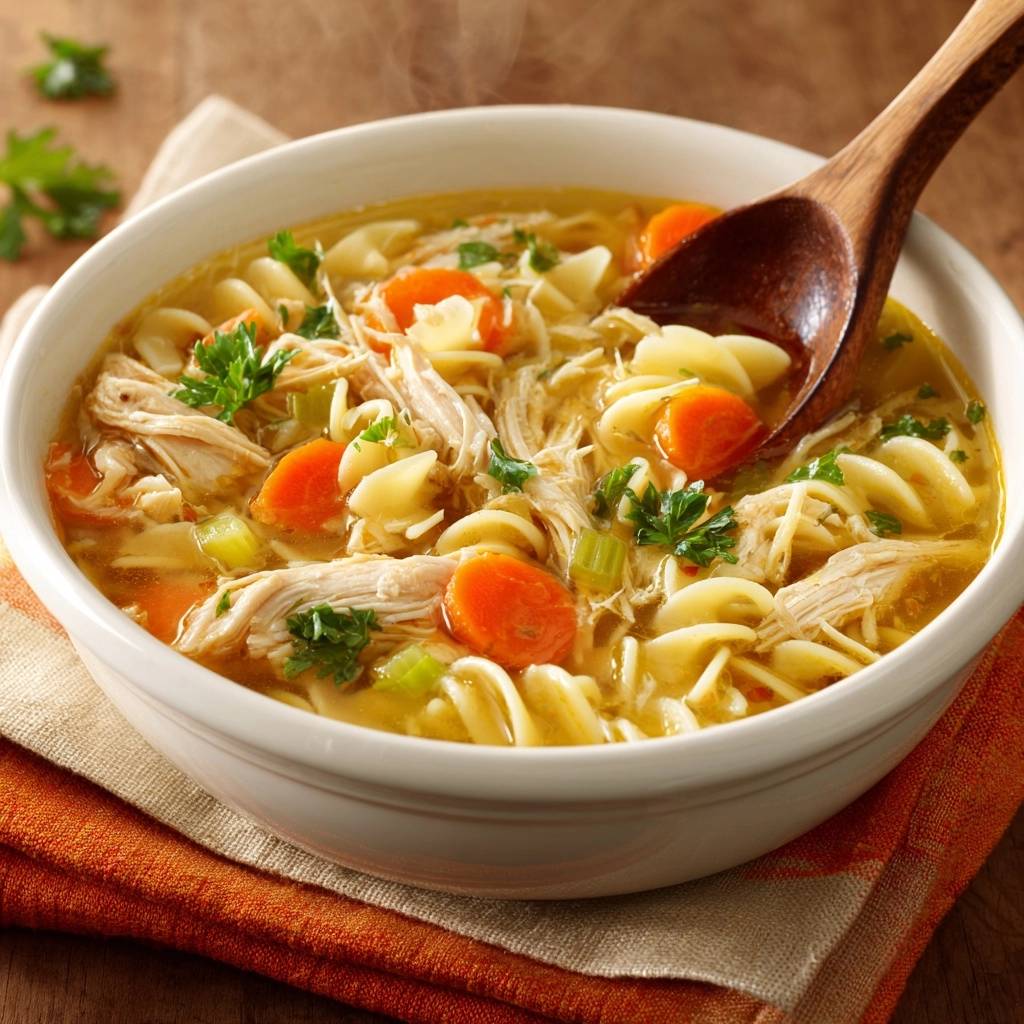 Hühnernudelsuppe wird mit einem Holzlöffel aus einer dampfenden Schüssel geschöpft