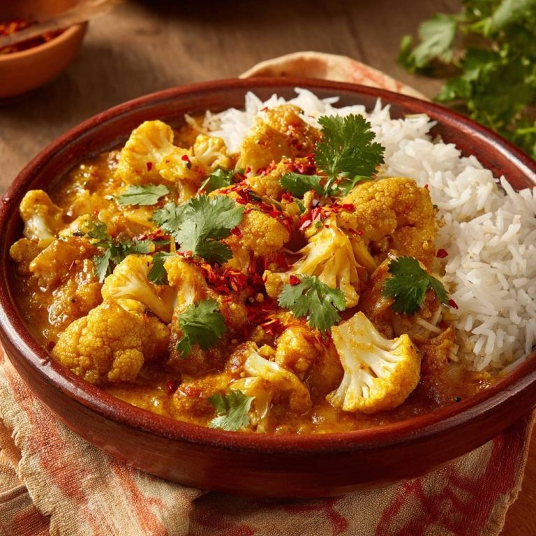 Indisches Blumenkohl-Curry mit Reis, garniert mit frischem Koriander und Chiliflocken, in einer rustikalen Schüssel serviert.