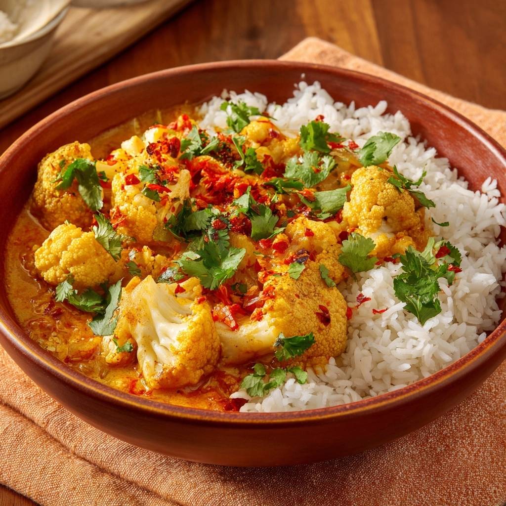 Indisches Blumenkohl-Curry mit Reis, eine Nahaufnahme mit Koriander und Chiliflocken garniert.