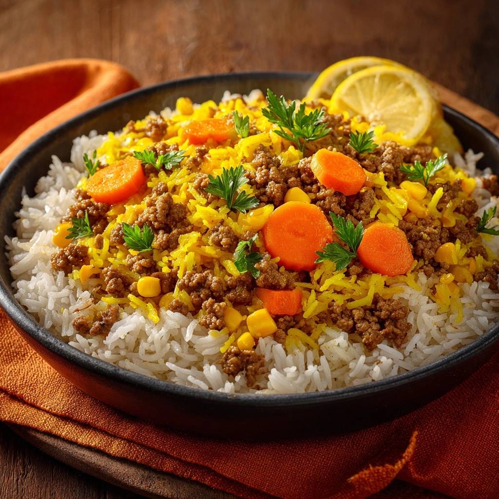 Indisches Hack-Curry mit Reis, Mais & Gemüse, eine detailreiche Nahaufnahme des Gerichts mit Karotten und Petersilien-Garnitur.